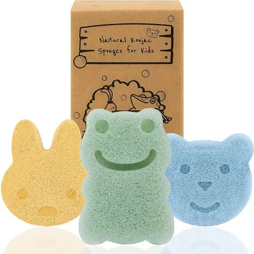 myHomeBody Konjac Baby Sponge for Bathing, Cute Shapes Natural Kids Bath loofah for Infants, Toddler, Newborns, Safe Plant-Based, 3pc. Set: Rabbit, Frog, Bear face