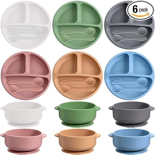 Dandat 24 Pcs Silicone Baby Feeding Set,6 Baby Toddler Suction Bowls 6 Divided Suction Plates with 6 Forks 6 Spoons, Utensils Set for Weaning Infant Feeding and Eating, 6 Styles (Pastel Color)