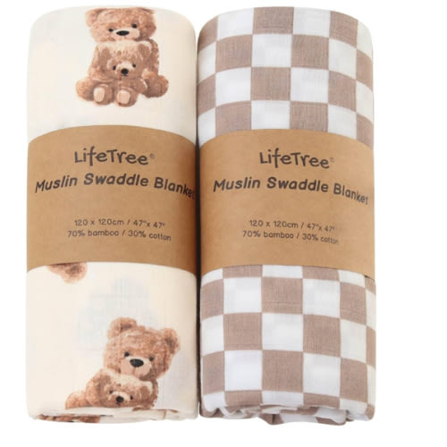 LifeTree Muslin Swaddle Blankets, Baby Swaddling Wrap Nursery Blanket Unisex, Soft 70% Viscose from Bamboo and 30% Cotton, Large 47 x 47 inches, Bear & Checkered Swaddle Blanket