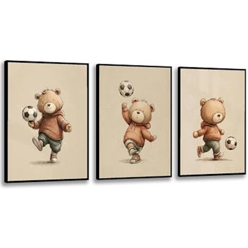 3Pcs Bear Soccer Sports Wall Art Cute Animal Boy Room Canvas Wall Decor Baby Teddy Bear Pictures Boy Nursery Art Prints Kids Animal Poster Artwork for Toddler Bedroom Playroom 12x16 Inch Unframed
