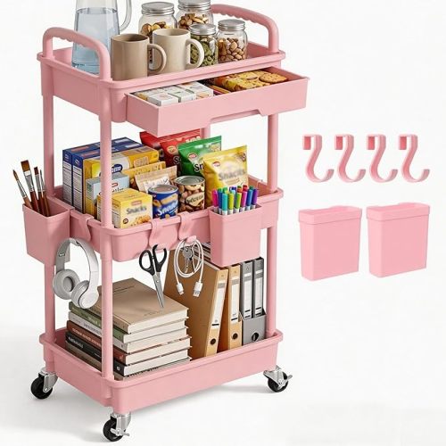 3 Tier Rolling Utility Cart with Hanging Cups Hooks (Pink)