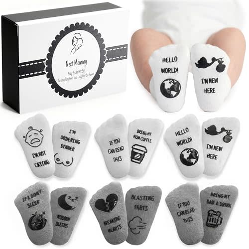 NEXT MOMMY Baby Socks Gift Set – 6 Cute & Funny Non-Slip Socks for Boys & Girls | Baby 0-6 Months to 12-18 Months | Organic Cotton with Grips