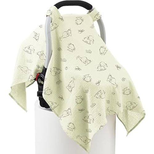 100% Muslin Cotton Car Seat Cover Baby, Carseat Canopy Cover, Universal Fit Stroller Covers for Boys and Girls (Cute Elephant)
