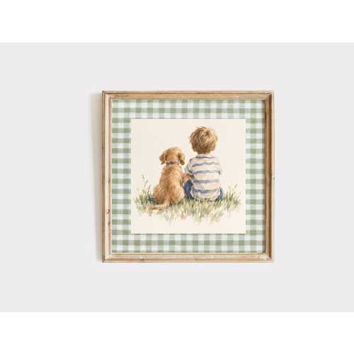 Dog Nursery Decor, Boy and Dog Print, Golden Retriever Wall Art, Sage Green Gingham Nursery Decor, Watercolor Boys Room Art