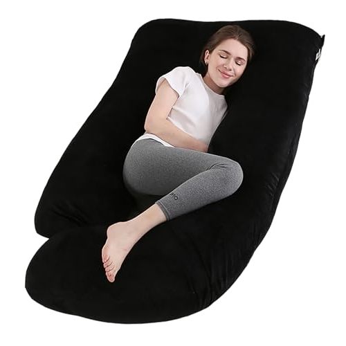 Pregnancy Pillow J-Shaped Full Body Pillow, 59 inch with Velvet Cover Easy to Remove and Wash, Support Pregnant Women's Backs Legs and HIPS, Improve Sleep,Pregnancy Pillow for Women Black