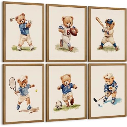 Teddy Bear Nursery Wall Art Sage Green Baby Boy Canvas Wall Decor Vintage Sports Nursery Prints Teddy Bear Pictures Golf Painting Kids Sports Artwork for Toddler Bedroom 8x10 Inch Framed Set of 6