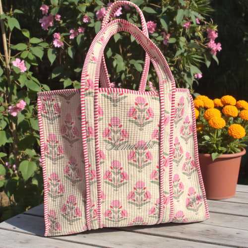 Embroidered Cotton Quilted Bag - Pink Floral with "Aria" personalization