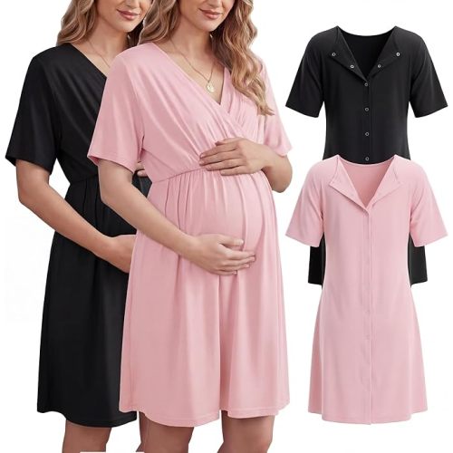 2 Pack Labor and Delivery Gown for Hospital Maternity Nursing Short Sleeve Gown Button Back Birth Recovery Sleepwear