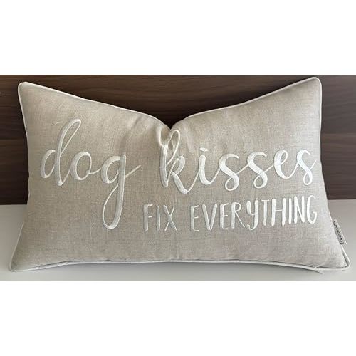 Rudransha 12x20 Dog Kisses Fix Everything Lumbar Pillow Cover - Embroidered Sentiment Throw Cushion Case - Decorative Dog Lover Gift for Couch, Sofa, Bed, Pet Lounge - Natural