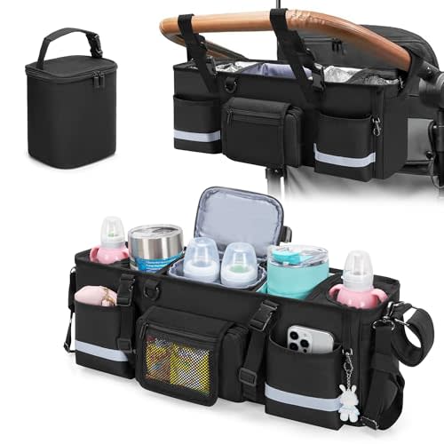 GRAOSO Parent Console Stroller Organizer Compatible with WONDERFOLD W4, with Four Insulated Cup Holders, a Removable Cooler Bag, Special Board Design Make It Not Easy Collapse and Tilting, Black