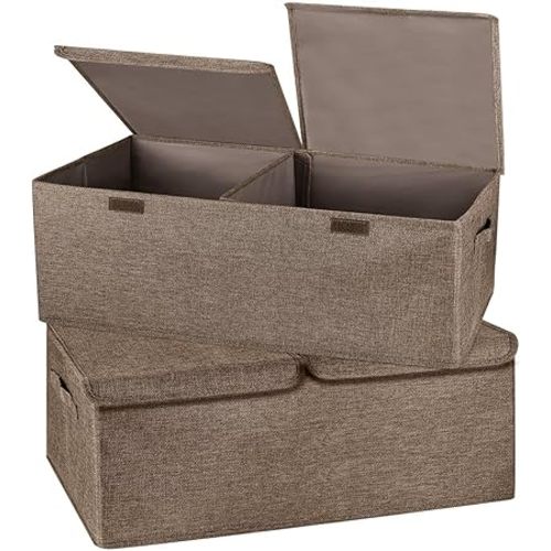2 Pack Storage Boxes with Lids and Handles, Collapsible Linen Storage Bins Organizer Containers Baskets Cube with Removable Divider for Home Bedroom Closet Office (Coffee, Small)