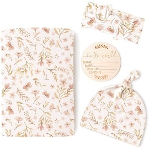 Konssy Newborn Swaddle Blanket with Beanie Hat Set, Baby Receiving Blanket