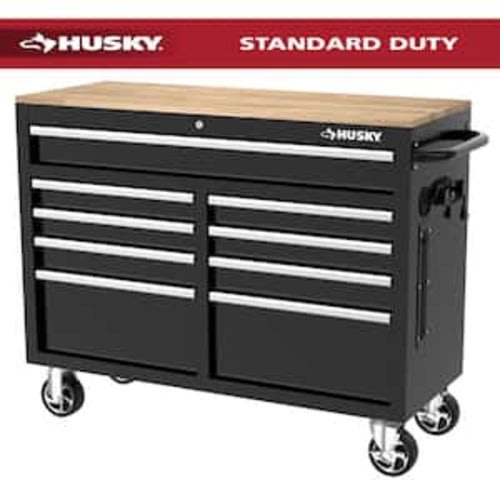 Tool Storage 46 in. W x 18 in. D 9-Drawer Mobile Workbench Cabinet in Gloss Black