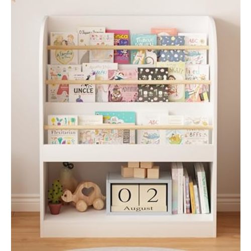 Virubi Kids Bookshelf Front-Facing Display Open Storage Wooden Bookcase Multi-Tier Book Display Shelf for Toddlers Playroom Bedroom Nursery White