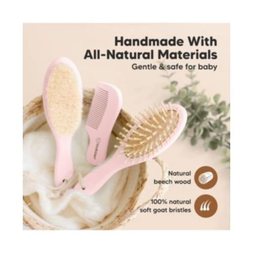 Baby Hair Brush and Comb Set, Oval Wooden Baby Brush Set for Newborns, Infant, Toddler Grooming Kit