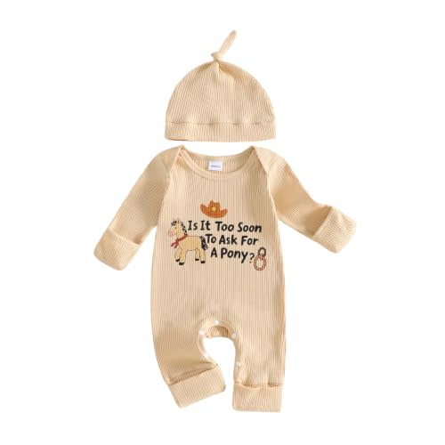 Newborn Western Baby Boy Clothes Cowboy Outfit Pony Long Sleeve Romper Rib Knit Jumpsuit Hat Fall Going Home Outfit