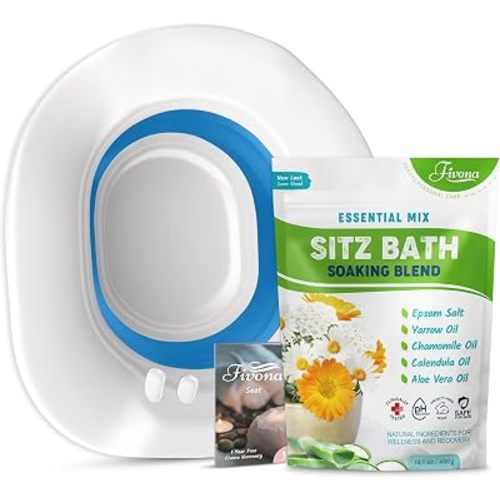 Fivona 2-in-1 Sitz Bath Soak Kit Over the Toilet Seat with Epsom Salt with Essential Oils Blend for Hemorrhoids and Postpartum Care Ideal for Perineal Soaking and Fast Irritation Relief