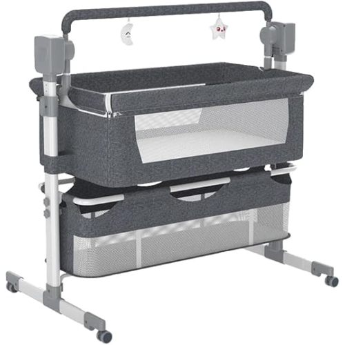 Electric Bluetooth Smart Next to Me Crib, Bassinet Cradle with Lullaby Music, Baby Bedside Crib for Newborn, Baby Co-Sleeper Cot with Mattress, Remote and 5 Swaying Gears (MG601-Grey)