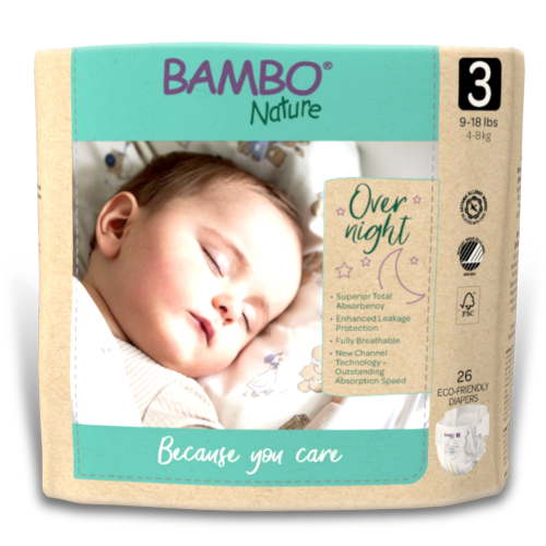 Bambo Nature Overnight Diapers, Eco-Friendly Disposable Baby Diapers - Size 3, 9-18 lbs, 26 Count, 1 Pack