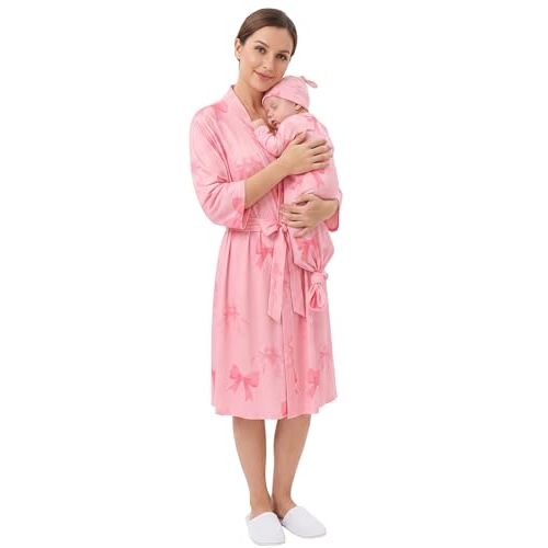 Mommy and Me Robe and Swaddle Set Floral Maternity and Baby Matching Delivery Blanket Headband for Mom Girl Boy 4pcs
