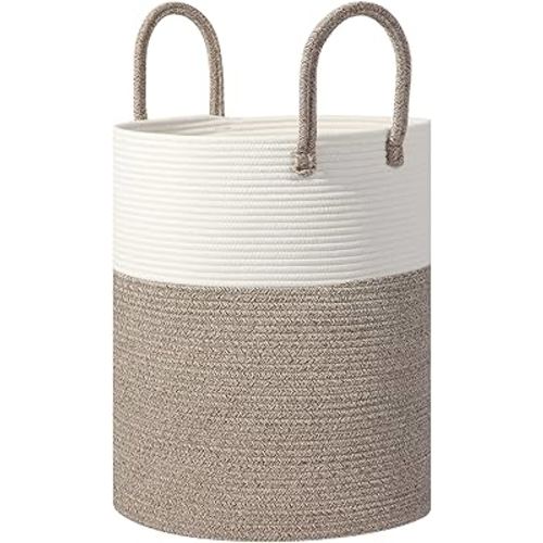 Large Woven Laundry Basket Hamper,60L Cotton Rope Storage Basket for Blankets in living room,Decorative Tall Nursery Hamper for Clothes and Toys,Baby Basket,Bathroom,Bedroom,White and Brown