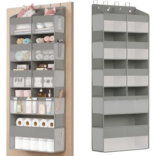 SONGMICS Over-the-Door Organizer, 9-Compartment Door Hanging Storage Shelf, Foldable Closet Hanging Organizer, Heavy-Duty, Metal Hooks, Transparent, Dove Gray URDH009GD01