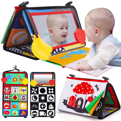 toosivia Tummy Time Baby Mirror Toy, Black and White High Contrast Baby Newborn Toys 3 6 12 Months, Montessori Crinkle Cloth Book Sensory Activity Development Gift for 0-6 Months Infant Boys Girls