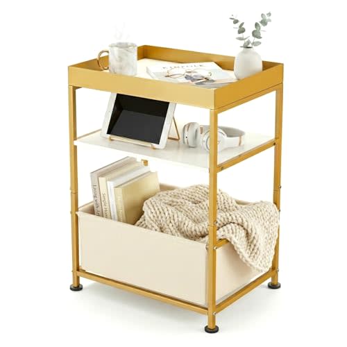 Narrow Gold Side Table with Storage, Small White End Table with Fabric Bin & Tray Top, Modern 3 Tier Nightstand Slim Bedside Table for Nursery, Bedroom, Teen Girls Dorm, Living Room