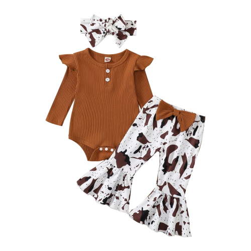 Musuos Infant Baby Girls Autumn Jumpsuit, 3 6 9 12M Solid Color Ribbed Fly Sleeve Round Neck Romper + Leopard/Cow Flare Pants