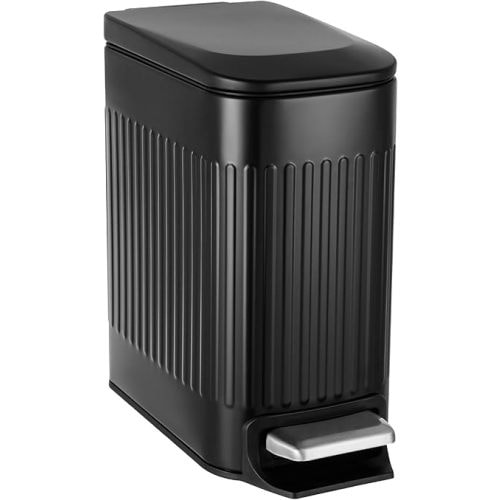 TrashAid Small Black Bathroom Trash Can with Lid Soft Close, 6 Liter / 1.6 Gallon, Stainless Steel Garbage Can with Removable Inner Bucket, Step Pedal, Slim Wastebasket for Toilet, Office, Bedroom