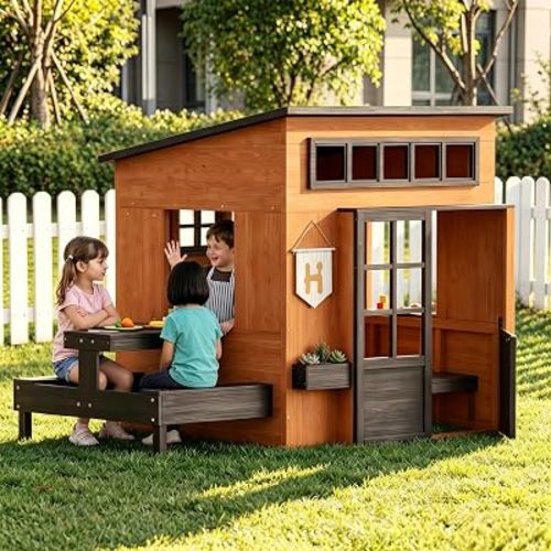 Aoxun Outdoor Playhouse for Kids,Wooden Playhouse Cottage for Backyard Fun with Pretend Kitchen, Chalkboard, Flower Box, Durable Fir Wood Build for Kids Ages 3-8 Outdoor Imaginative Play