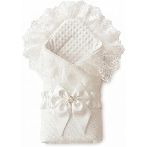 Luxury White Lace Baby Swaddle Blanket with Bow, 3D Minky Dot Lining Newborn Receiving Blanket for Photography, Baptism Christening Gift, Soft Breathable Nursery Throw, 31.5" x 31.5"