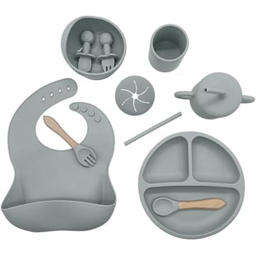Silicone Baby Feeding Set Moon Gray Infant Tableware Collection with Bib Suction Bowl Utensils Straw Cup Snack Container