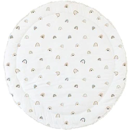 Makemake Organics Organic Play Mat GOTS Certified Organic Cotton Nursery Floor Rug Washable Reversible Non Toxic Activity Mat Tummy Time Crawling Pad Thick Quilted (Round 48", Rainbow, White)