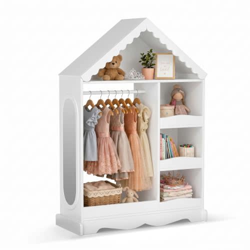 VOWNER Kids Wardrobe Closet with Mirror and Storage Shelves (White) | Dress up closet with hanging rod, shoe rack & 3 hooks, ideal for bedroom, playroom & nursery