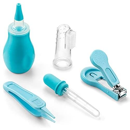 Baby Care Set – 5 Pcs Baby Essentials Set with Baby Fingernail Brush, Nose Aspirator, Nose Picker, Nail Clipper, Dropper – Baby Grooming Kit for Boys – Premium Silicone Baby Accessories (Blue)