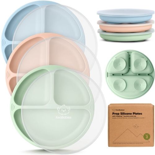 3-Pack Prep Suction Plates with Lids, 100% Silicone Baby Plates with Lid, BPA-Free Kids Divided Toddler Plates
