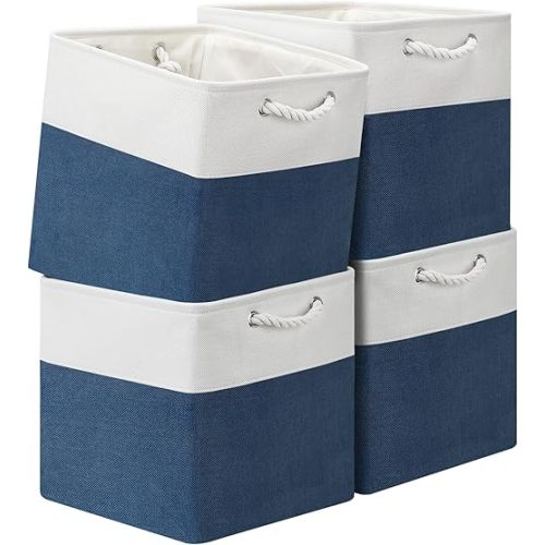 13x13 Storage Cube Bins 4Pack,Collapsible Cube Storage Organizer for Closet, Fabric Storage Box w/ Rope Handles, Foldable Storage Baskets for Shelves, Clothes,Closet Organization - White/Blue