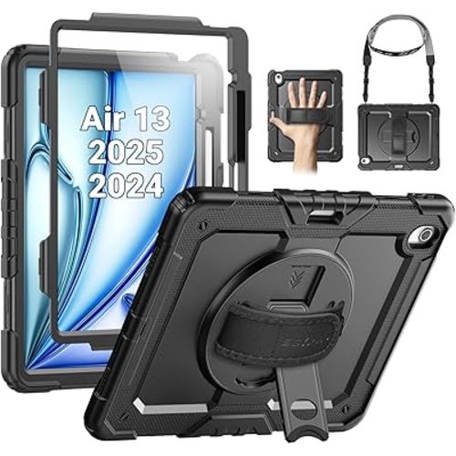 SEYMAC for iPad Air 13 Inch Case M3 2025/ M2 2024, Heavy Duty Shockproof Protective Case with Screen Protector, 360° Rotating Stand, Hand/Shoulder Strap and Pen Holder for iPad Air 13, Black