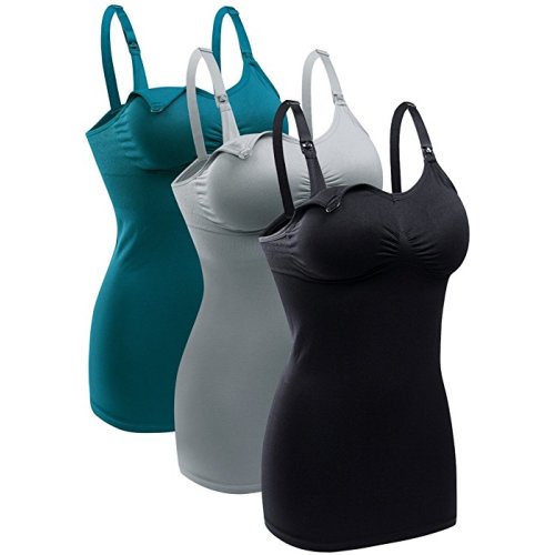 Women's Nursing Tank Camis with Built-in Maternity Bra for Breastfeeding Pack of 3 - M Fit 32D 34C 34D 36BCD 38BC - Black Grey Green