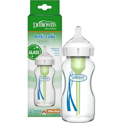 Dr. Brown's Natural Flow Anti-Colic Options+ Wide-Neck Glass Baby Bottle 9 oz/270 mL,with Level 1 Slow Flow Nipple,1 Pack,0m+