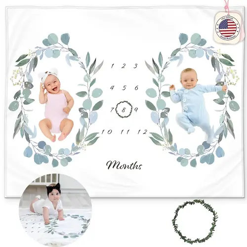 Twins Monthly Milestone Blanket - Soft Fleece Eucalyptus Leaves Design - Gender Neutral for Boys or Girls, Baby Shower Nursery Decor, Twin Essentials, 50x40