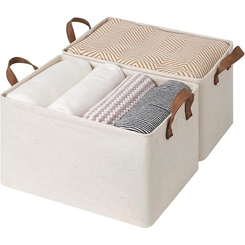 StorageWorks Storage Bins, Shelves Baskets for Organizing, Large Fabric Closet Organizers with Handles, Metal Frame, Beige（Cotton-linen）, 2-Pack