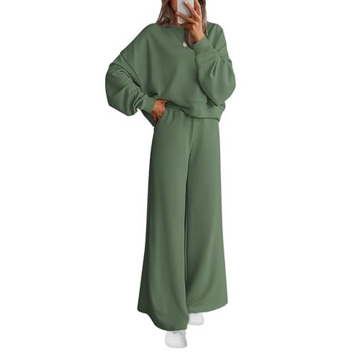 PRETTYGARDEN Women 2 Piece Outfits 2026 Spring Sweatsuits Crewneck Sweatshirt Wide Leg Sweatpants Lounge Sets Tracksuit