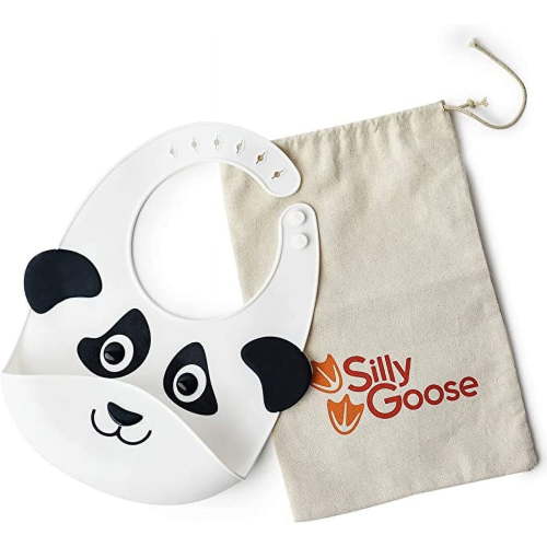 Silly Goose Silicone Animal Baby Bibs for Babies and Toddlers, Waterproof, Adjustable, Soft, Extra Wide Food Catcher Pocket (Baby Panda)