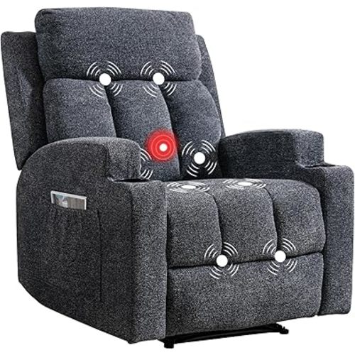 CANMOV Manual Recliner Chair with Massage and Heat,Soft Fabric Recliner Chair with Overstuffed Arm and Back, Manual Reclining Single Sofa with 2 Cup Holders, Side Pocket for Living Room,Dark Grey