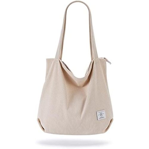 KALIDI Women Corduroy Tote Bag Zipper Casual Tote's Handbag Big Capacity Shoulder Bag with Pockets