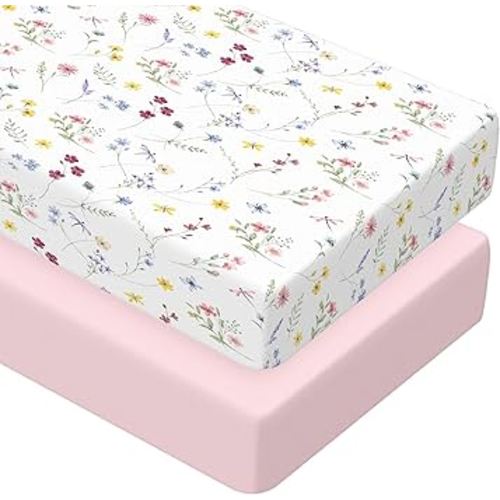 Peryiter 2 Pack Wildflower Crib Sheets for Girls Pink Coquette Bed Sheet Set Fitted 52'' x 28" for Standard Crib Mattress Stretchable Soft Toddler Aesthetic Nursery Decor