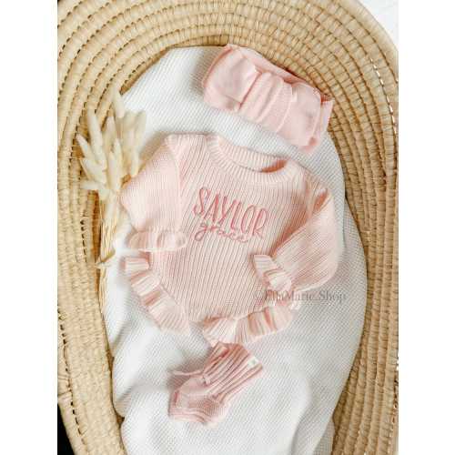 Embroidered name baby romper, newborn girl coming home knit ruffle outfit, custom chunky knit ribbed bodysuit, personalized baby shower gift