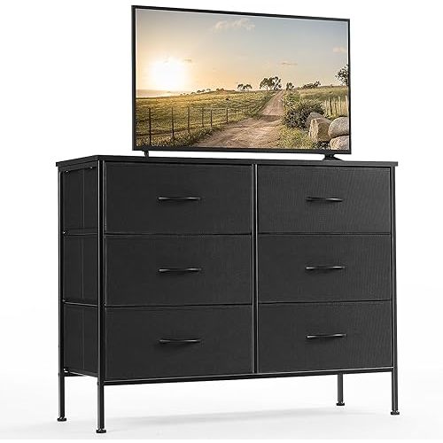 DUMOS Dresser with 6 Fabric Drawers, Small Space TV Stand & Storage Chest for Bedroom & Living Room, Organizer for Closet, Entryway, Hallway, Home Furniture, Black